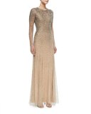 Long-Sleeve Embellished Gown, Silver