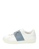 Leather Low-Top Sneaker with Stripe, White/Gray