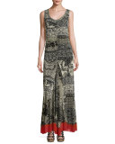 Sleeveless Lace-Print Maxi Dress, Black Pattern