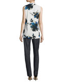 Painted Oleander-Print V-Neck Shell, Blue Pattern