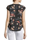 Iva Floral-Print Cap-Sleeve Silk Blouse, Black