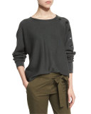Button-Trim Wool Pullover Sweater, Loden Green/Gray