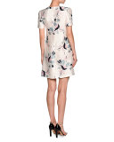 Abstract-Floral Crinkled Short-Sleeve Dress, White/Pink