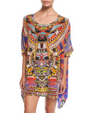 Printed Embellished Short Caftan Coverup, Rainbow Warrior