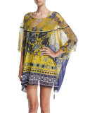 Antique Floral Tulle Caftan Coverup with Tassels, Yellow
