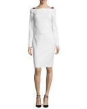 Long-Sleeve Cady Dress w/Deep-V Back, Chalk
