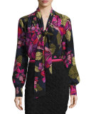 Long-Sleeve Floral Tie-Neck Top, Multicolor