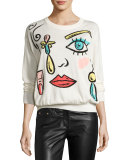 Fantasy-Print Crewneck Sweater, White