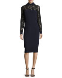 Collared Lace-Trim Crepe Sheath Dress, Navy/Black