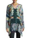 Bekka Silk V-Neck Printed Tunic, Blue 