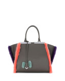 3 Jours Fur-Trim Leather Satchel Bag, Gray/Purple/Blue