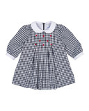 Long-Sleeve Collared Gingham Dress, Navy/White, Size 2-4