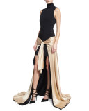 Thea Turtleneck Tie-Waist High-Low Gown, Black/Nude
