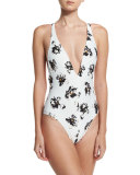 Falling Flowers Plunge-Neck One-Piece Swimsuit