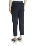 Drawstring-Waist Windowpane Cropped Pants, Navy