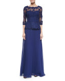 Lace-Bodice Tulle Gown, Navy