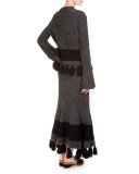 Long-Sleeve Fringe-Hem Sweater, Black/Combo