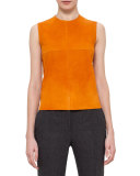 Sleeveless Jewel-Neck Suede/Poplin Combo Blouse, Karminspint