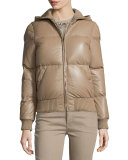 Hooded Leather Puffer Jacket, Taupe