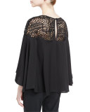 Angie Relaxed Sequined Tulle-Yoke Top, Black