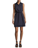 Sleeveless Tied Poplin Shirtdress, Navy