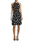 sleeveless daisy dot tie-back dress, black