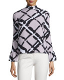 Abstract Tracks Fold-Over Collar Blouse, Quartz