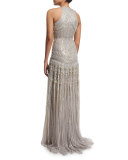 Sleeveless Metallic-Embellished Gown, Gray/Silver