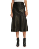 Aria Lamb Leather Godet Midi Skirt, Black