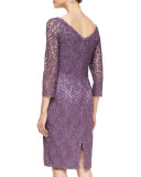 3/4-Sleeve Floral Lace Cocktail Dress, Mauve