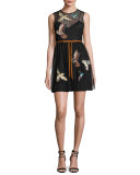 Sleeveless Point d'Esprit Dress w/ Embroidered Hummingbirds, Nero