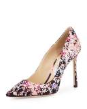 Romy Floral Pointed-Toe 100mm Pump, Dahlia/Brown
