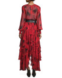 Long-Sleeve Tiered Silk Peasant Gown, Crimson