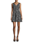 Laurel Jacquard Fit-and-Flare Dress, Black