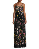 Lindy Sleeveless Embroidered Column Gown, Black