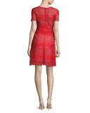 Short-Sleeve Macramé Lace A-Line Dress, Red