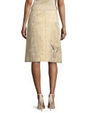 Hummingbird-Embroidered Brocade A-Line Skirt, Oro