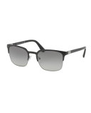 Square Half-Rim Metal Sunglasses, Matte Black/Gunmetal