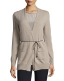Long Open Cardigan w/ Hip Patch Pockets, Beige