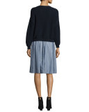Pencil-Stripe Shirred Full Skirt, Blue/White