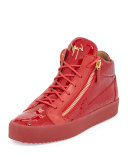 Men's Crocodile-Embossed Leather Mid-Top Sneaker, Red