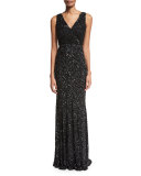 Xandra Hand-Embellished V-Neck Gown, Black