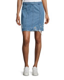 Distressed Stretch Denim Skirt, Indigo