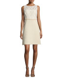 Tweed and Lace Combo Dress, Ivory