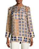 Adeline Bracelet-Sleeve Plaid Silk Blouse, Multi