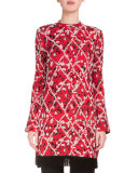 Long-Sleeve Intarsia Split-Hem Tunic, Red/Combo