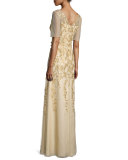 Short-Sleeve Floral-Embroidered Chiffon Gown, Gold