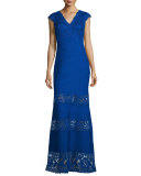 Cap-Sleeve Pintucked Lace-Panel Gown