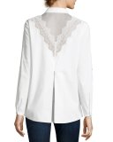 Cher Crocheted-Yoke Button-Front Blouse, White