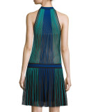 Halter-Neck Pleated-Skirt Dress, Black/Blue/Green